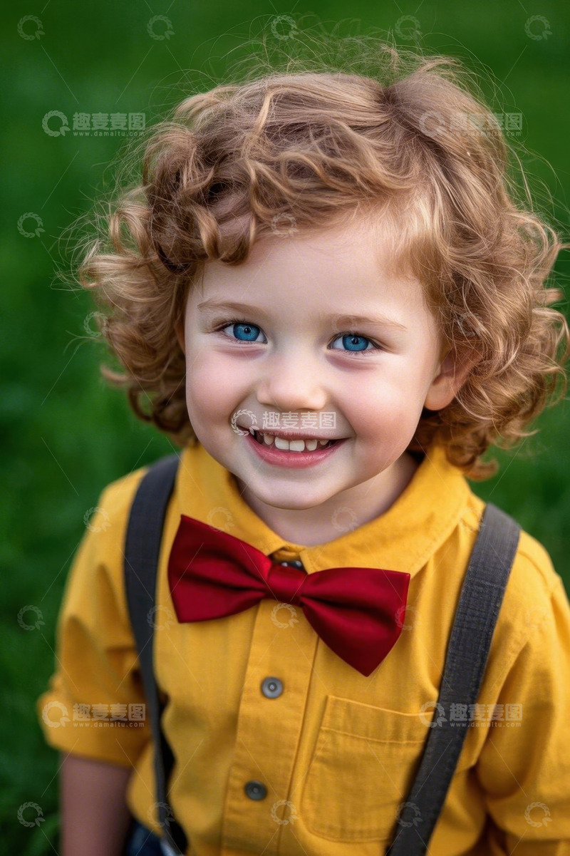 高清大图下载【趣麦麦图】金发卷毛男孩穿着黄色衬衫系着蝴蝶结