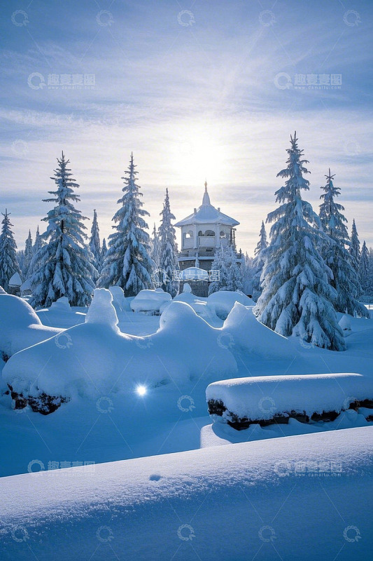 雪覆盖的森林与亭阁景观