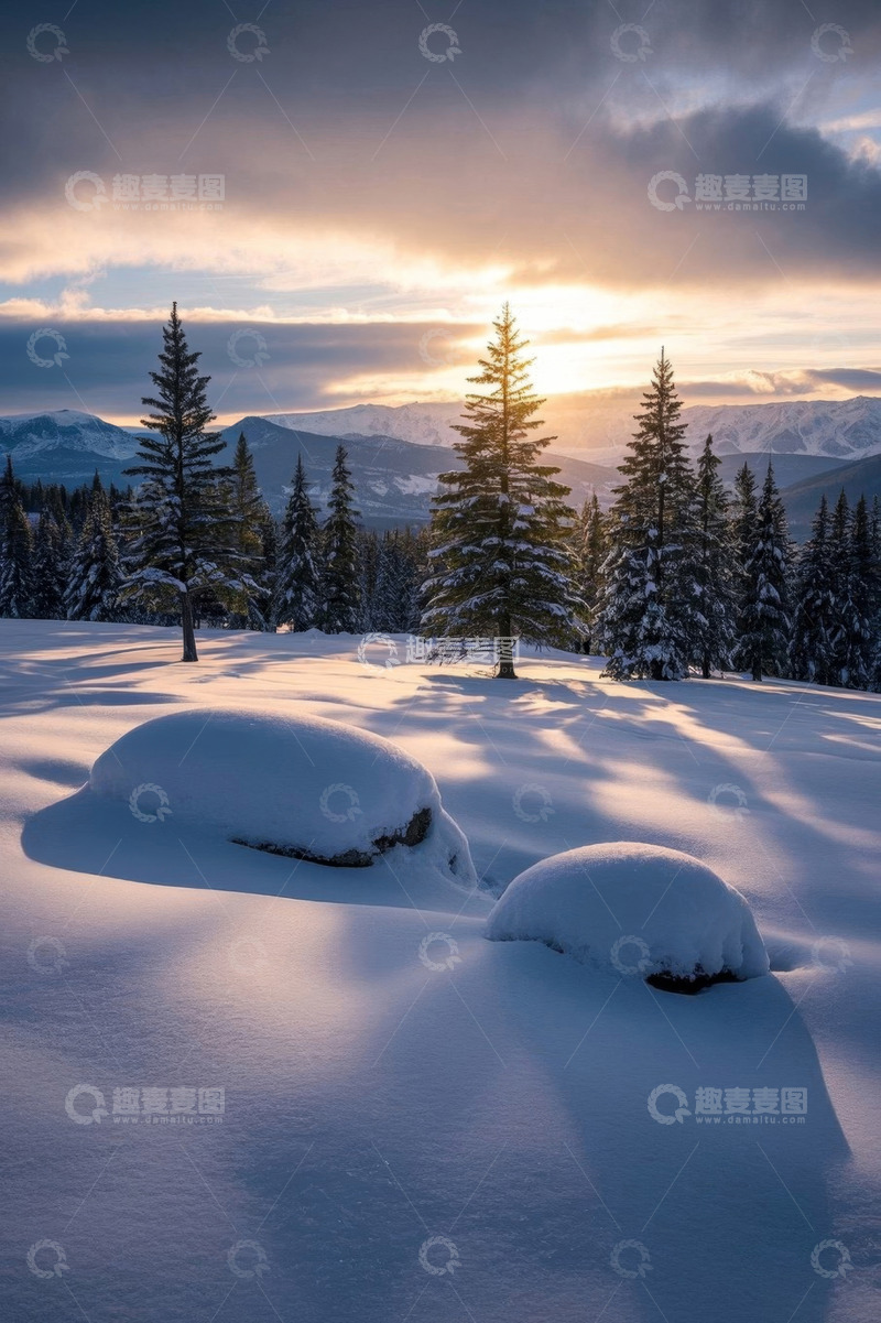 高清大图下载【趣麦麦图】雪地森林夕阳自然风光