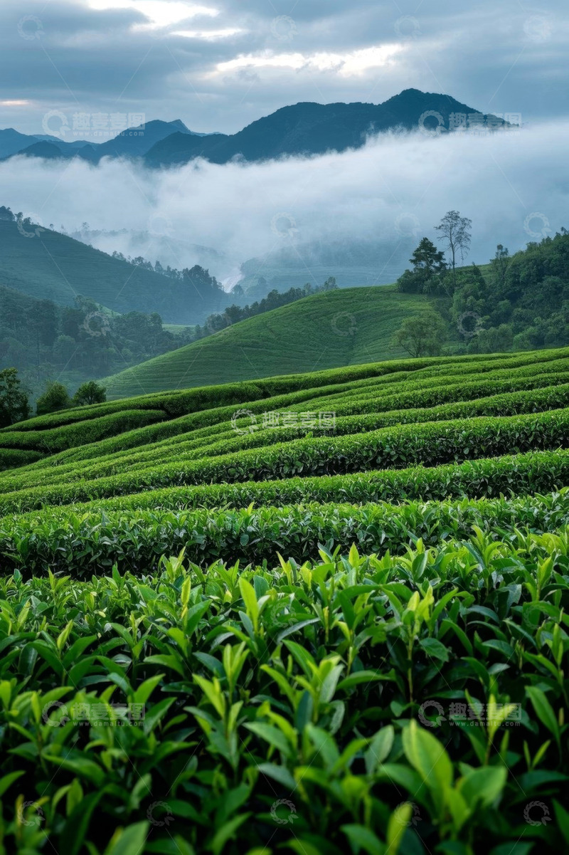 高清大图下载【趣麦麦图】山间云雾缭绕的绿色茶园