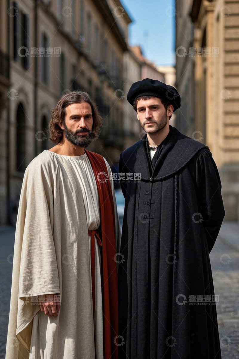 高清大图下载【趣麦麦图】中世纪街道上耶稣和学者