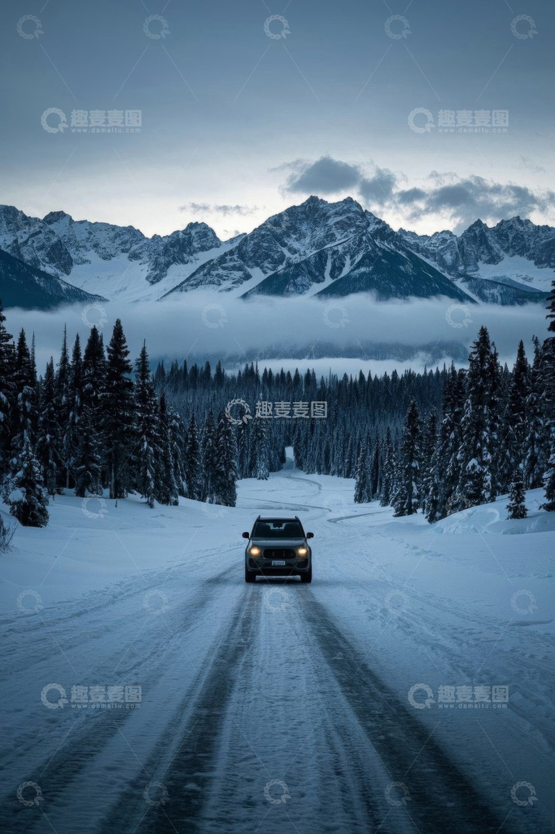 高清大图下载【趣麦麦图】雪地道路上行驶的汽车