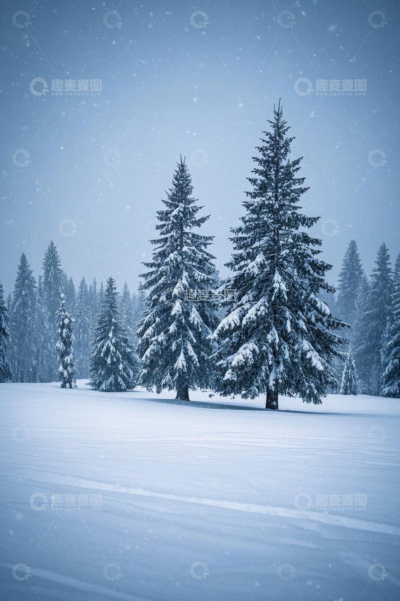 高清大图下载【趣麦麦图】冬日雪景中的雪松树林