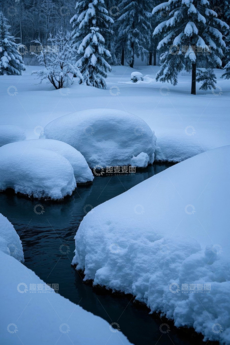 高清大图下载【趣麦麦图】冬日雪覆森林中的溪流景观