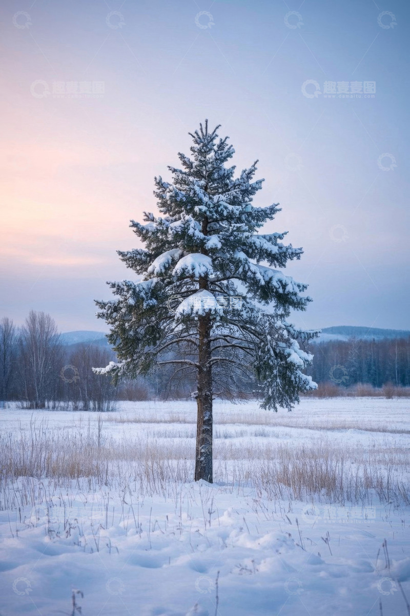 高清大图下载【趣麦麦图】雪地中覆盖积雪的松树景观