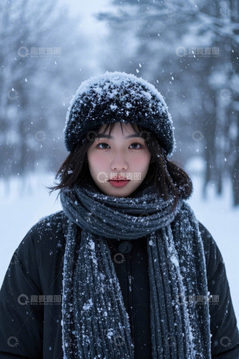 高清大图下载【趣麦麦图】雪中少女凝视远方