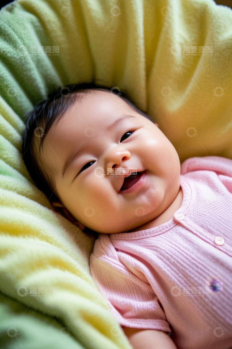 高清大图下载【趣麦麦图】可爱婴儿躺在柔软毛毯上微笑