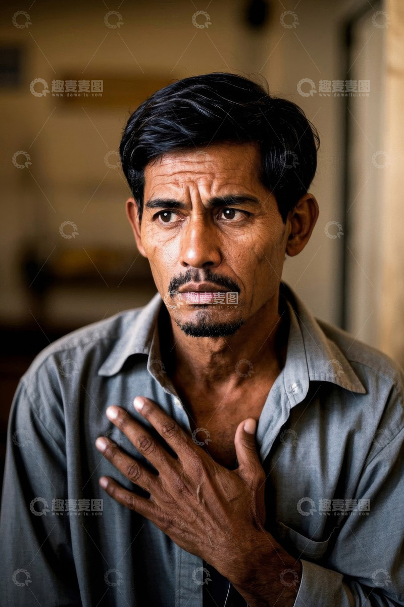 高清大图下载【趣麦麦图】忧郁中年男子手扶胸口肖像