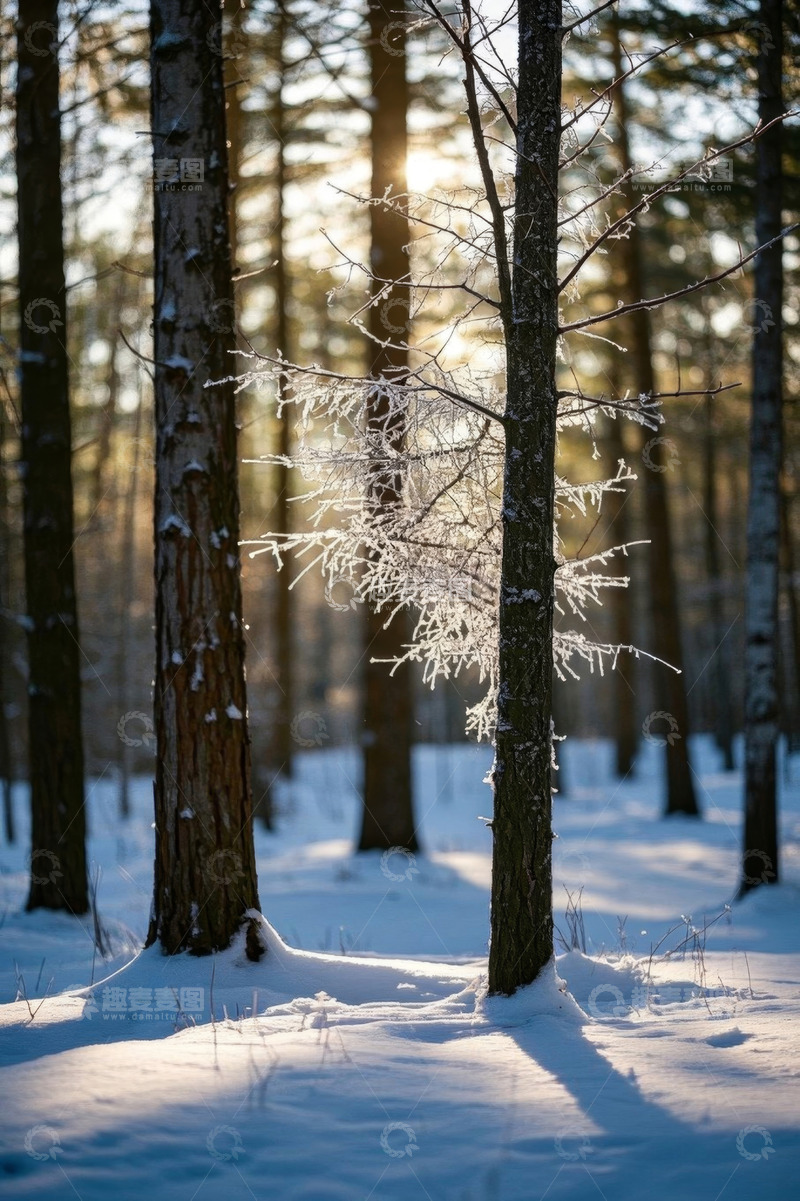 高清大图下载【趣麦麦图】冬日森林雪后阳光洒落景象