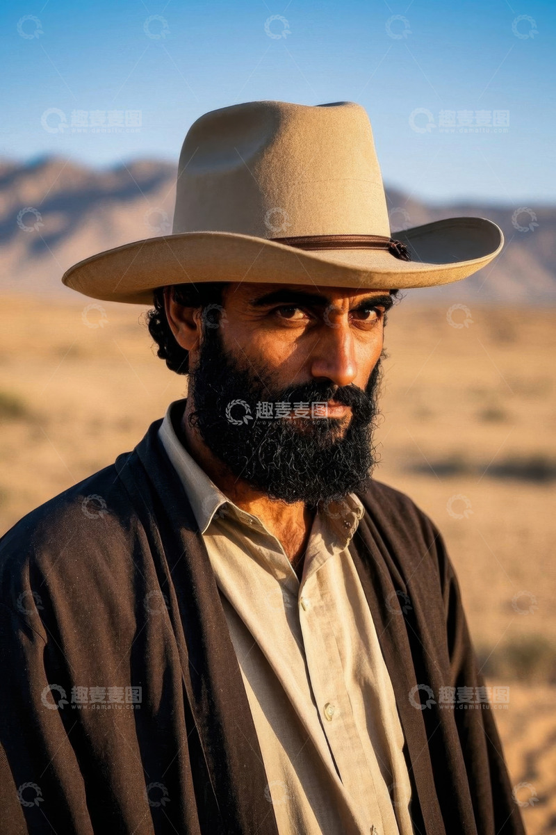 高清大图下载【趣麦麦图】沙漠中戴牛仔帽的男子肖像