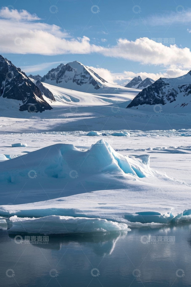 高清大图下载【趣麦麦图】冰雪覆盖山脉与漂浮冰山景观