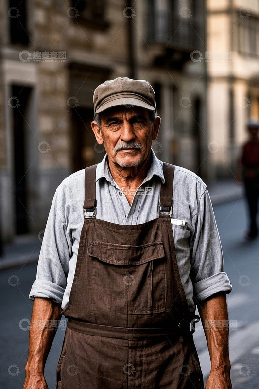 街道上穿着工作服的年迈男子