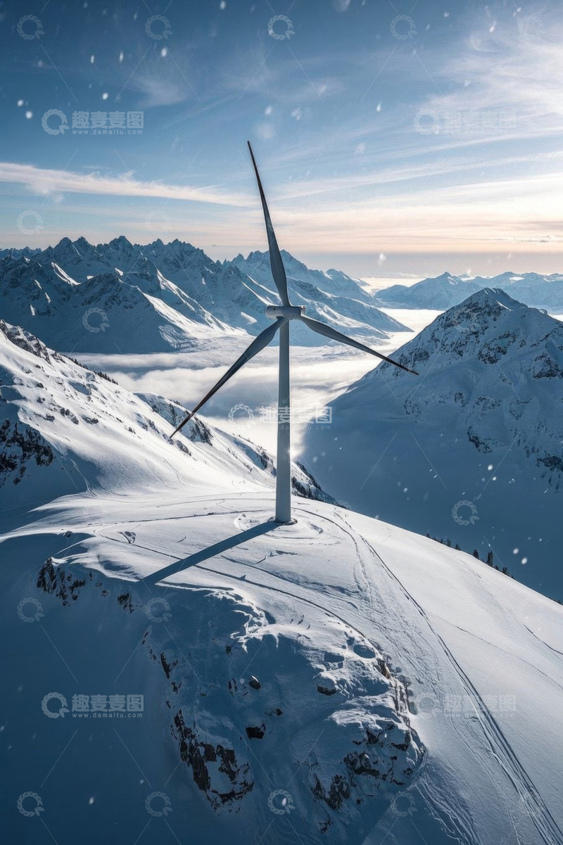 高清大图下载【趣麦麦图】雪山之巅的风力发电机