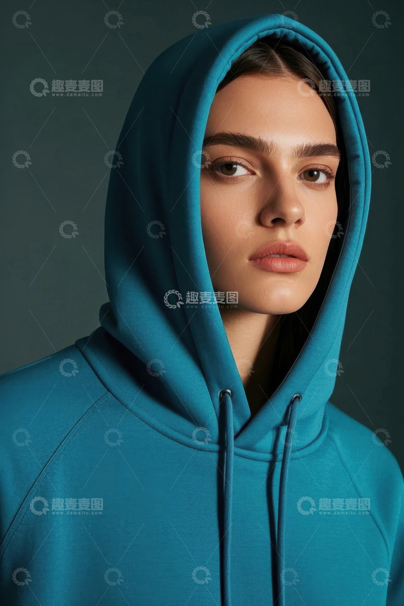 高清大图下载【趣麦麦图】女子身穿蓝色连帽衫凝视镜头