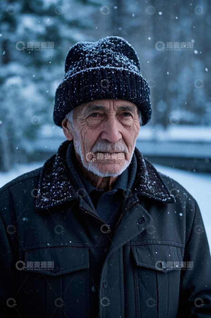 高清大图下载【趣麦麦图】冬日雪景中一位饱经风霜的老者