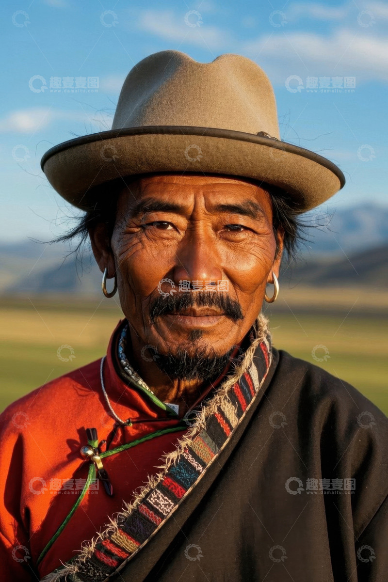 高清大图下载【趣麦麦图】草原上身穿传统服饰的老人