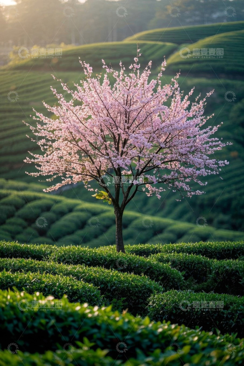 高清大图下载【趣麦麦图】茶园中盛开的樱花树