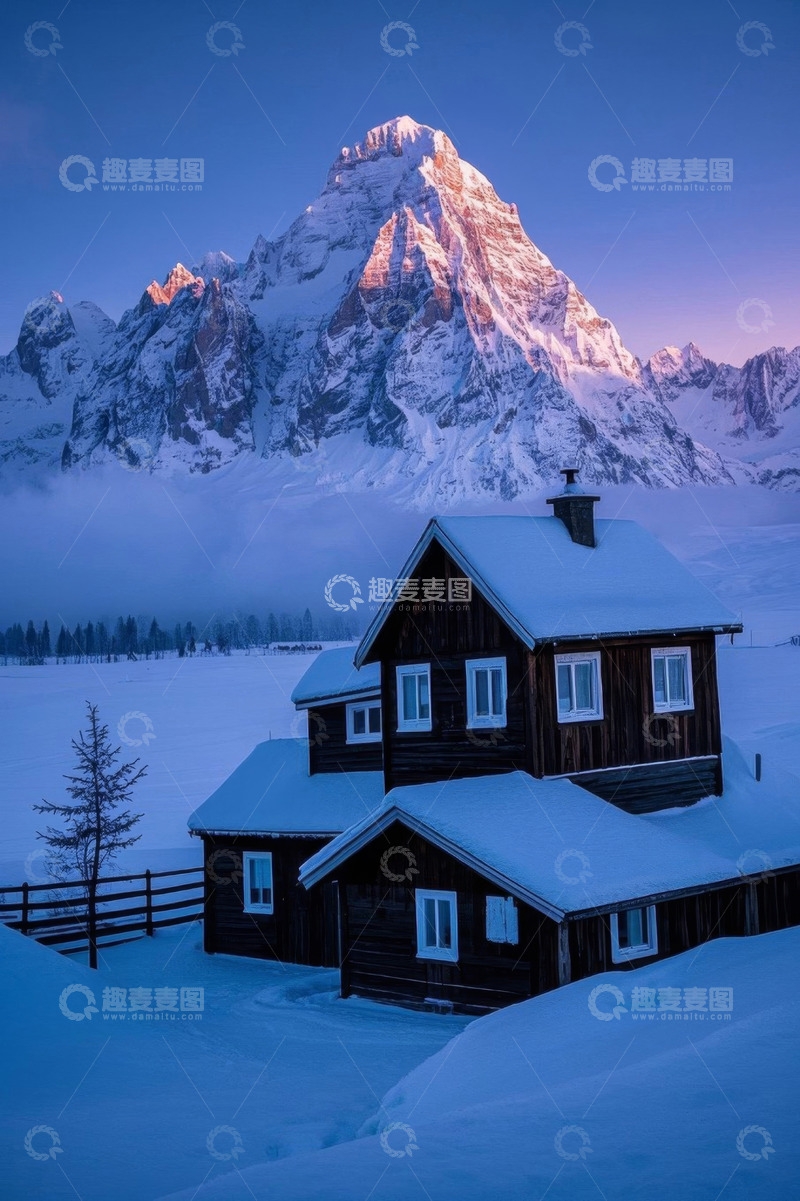 高清大图下载【趣麦麦图】雪山下的木屋雪景