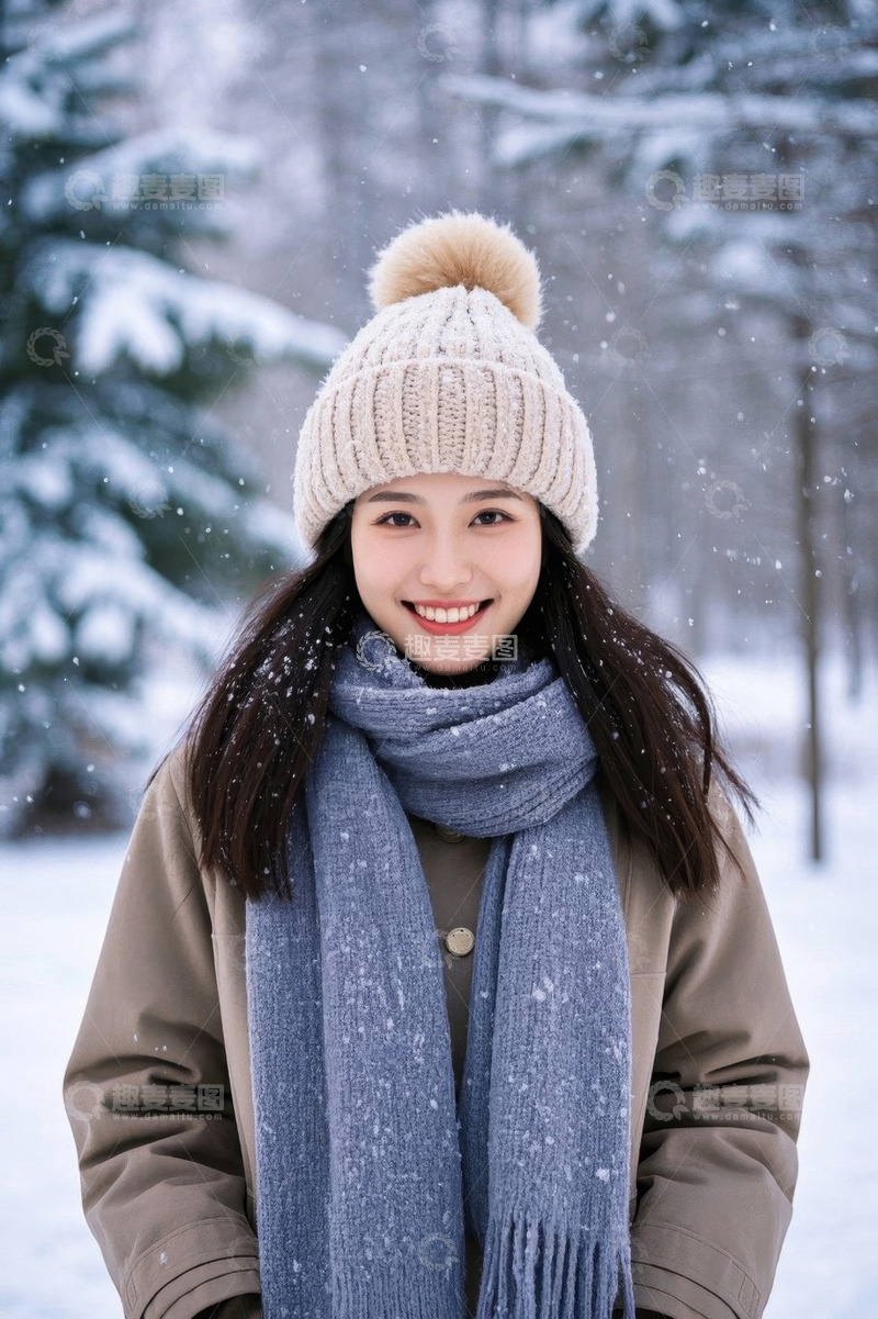 高清大图下载【趣麦麦图】冬日雪景中微笑的女孩