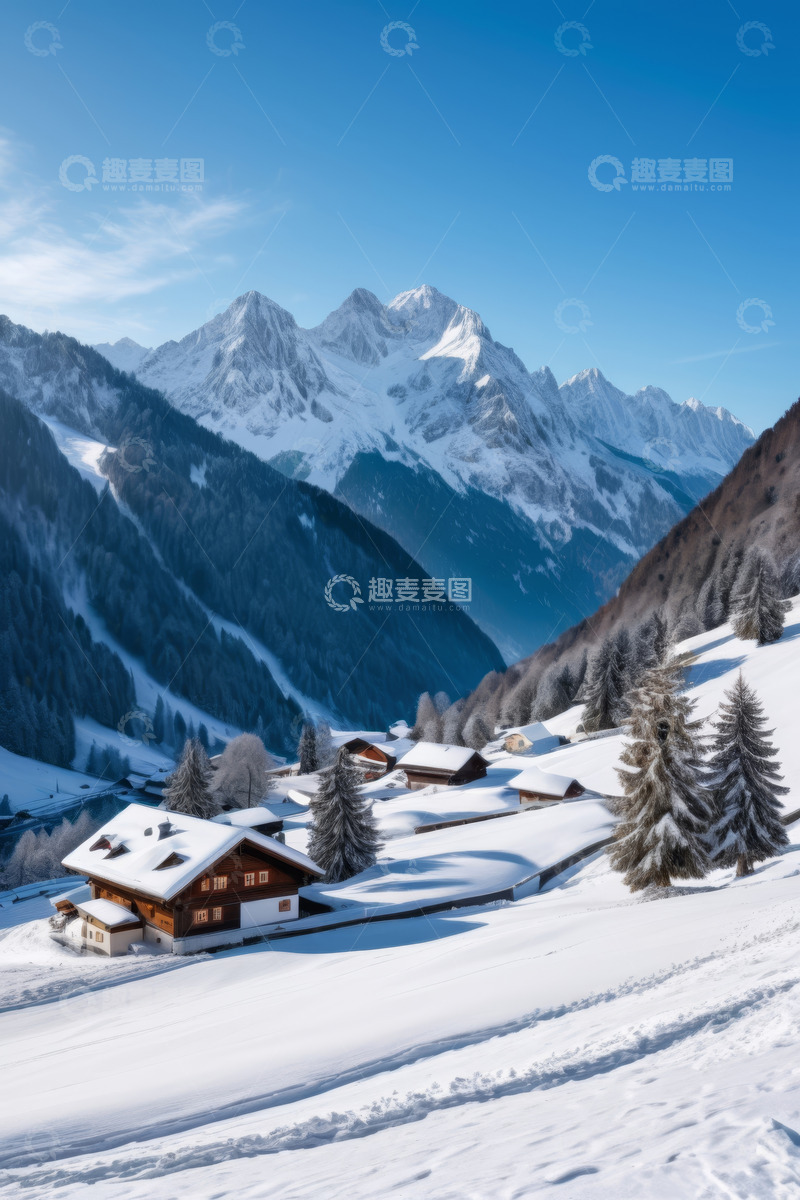 高清大图下载【趣麦麦图】雪山下被雪覆盖的山间村落