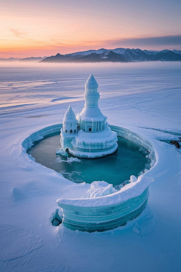 冰雪覆盖湖面的冰雕城堡景观