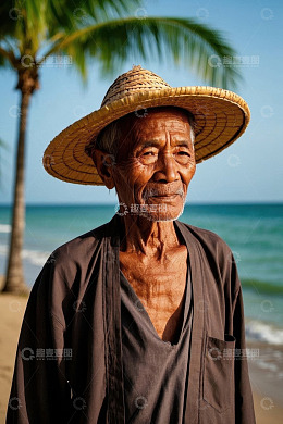 沙滩上戴斗笠的老年男子