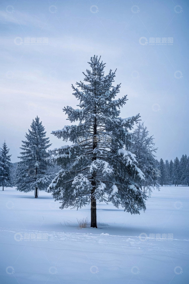 雪地中覆盖积雪的挺拔松树