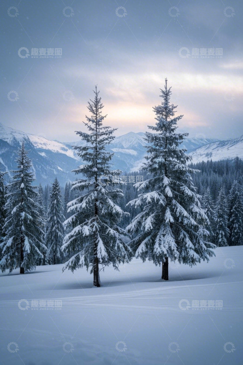 高清大图下载【趣麦麦图】雪覆森林与远山的自然景观