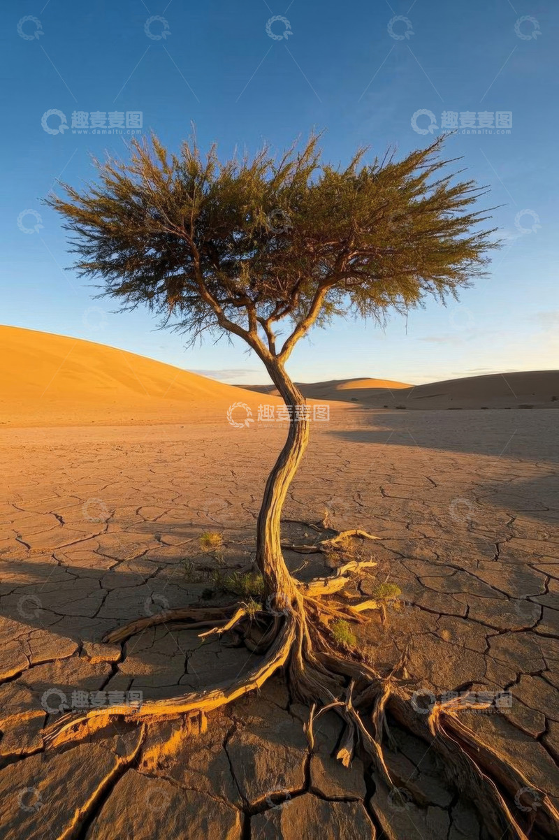 高清大图下载【趣麦麦图】沙漠中孤树立于干裂土地