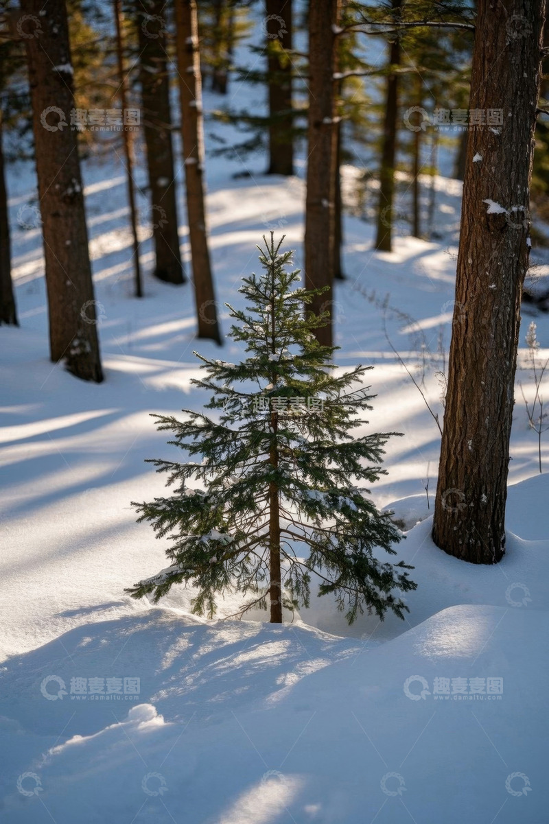 高清大图下载【趣麦麦图】雪地中生长的小型松树
