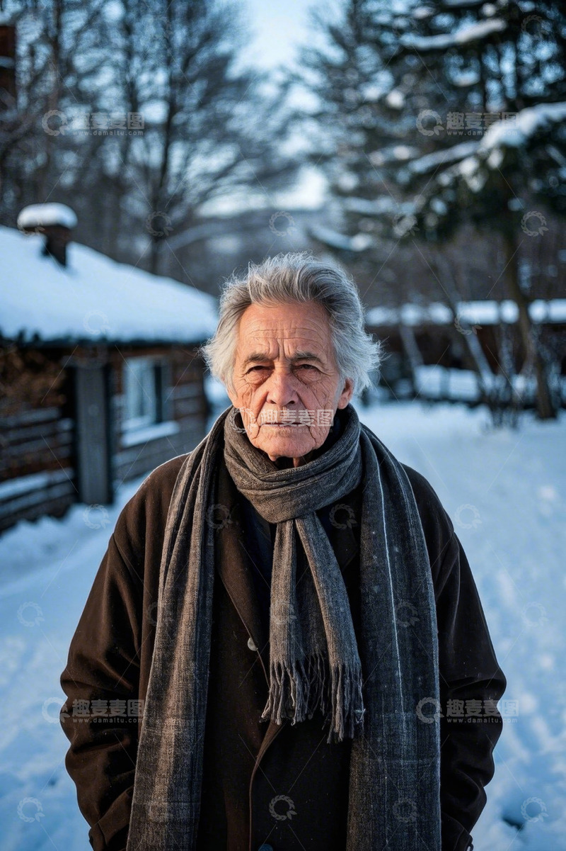 高清大图下载【趣麦麦图】白发老人冬日雪景户外肖像