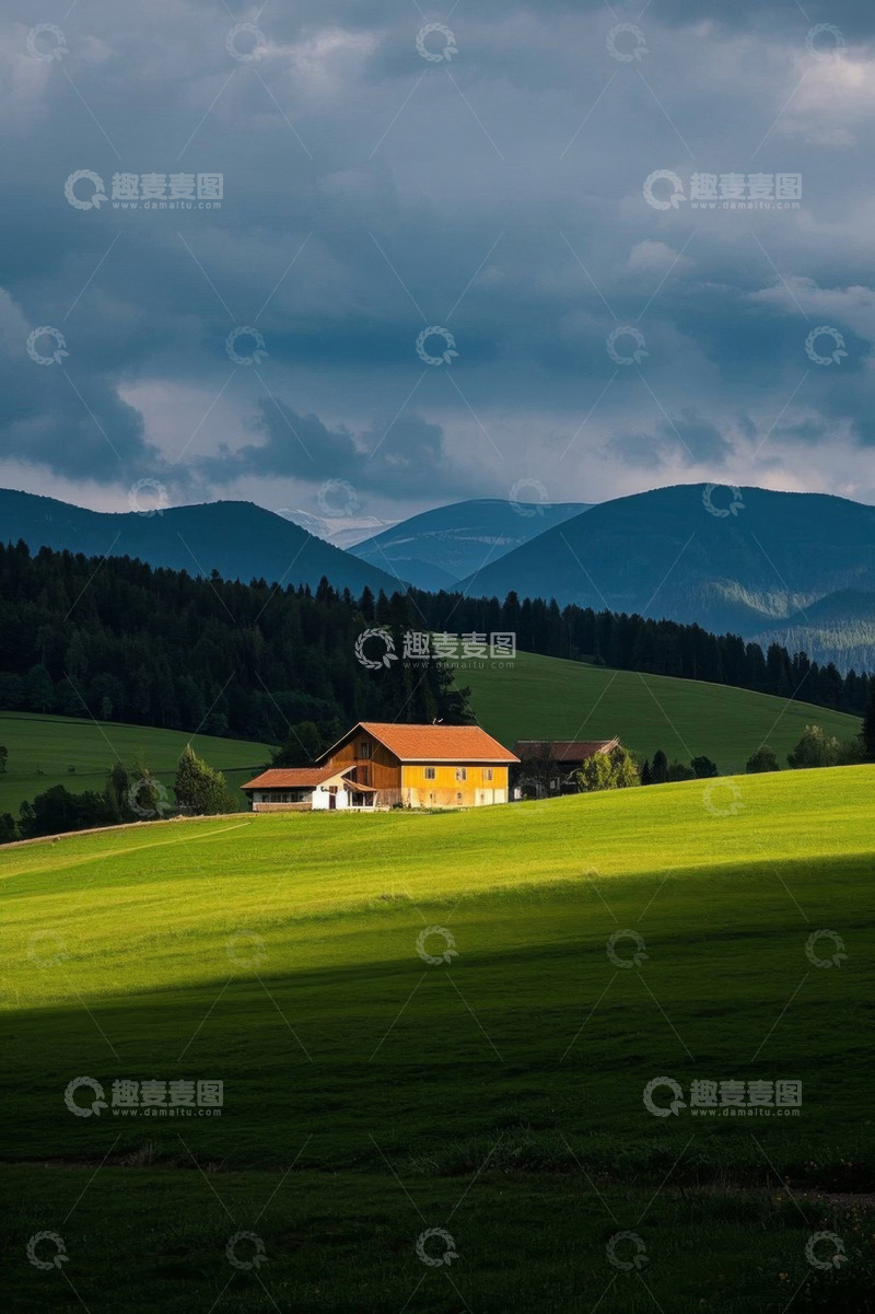 高清大图下载【趣麦麦图】山间草原上的农舍风景