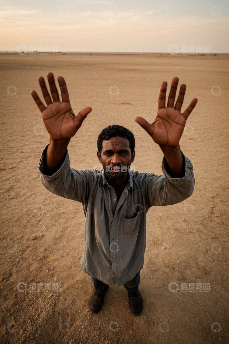 高清大图下载【趣麦麦图】沙漠中举手的男子背影照片