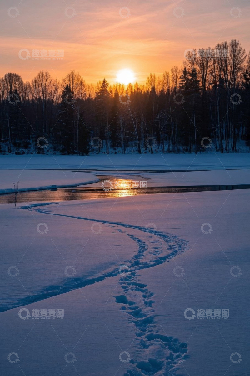 高清大图下载【趣麦麦图】冬日雪地夕阳下的足迹景观