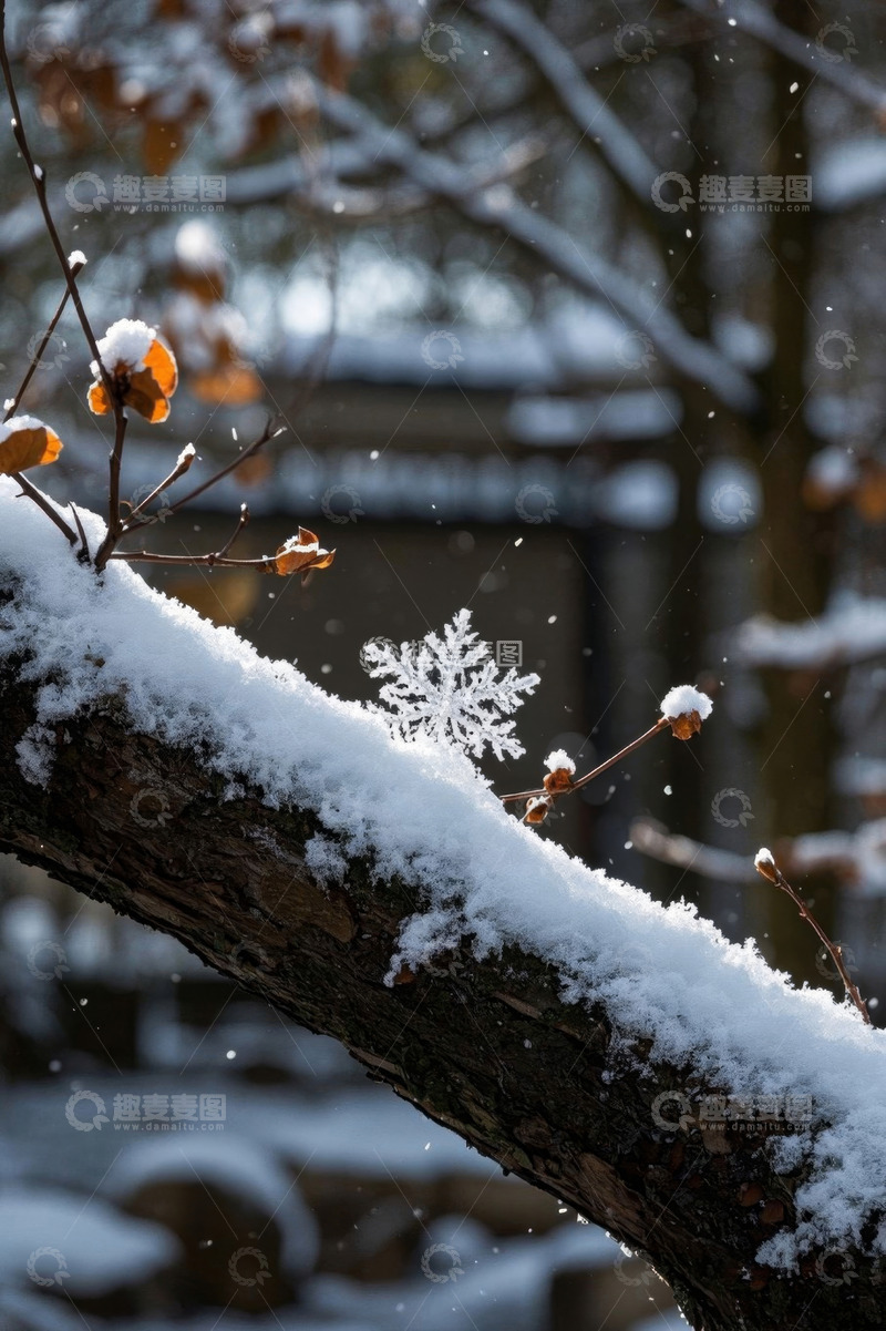 高清大图下载【趣麦麦图】覆雪树枝与飘落雪花景象