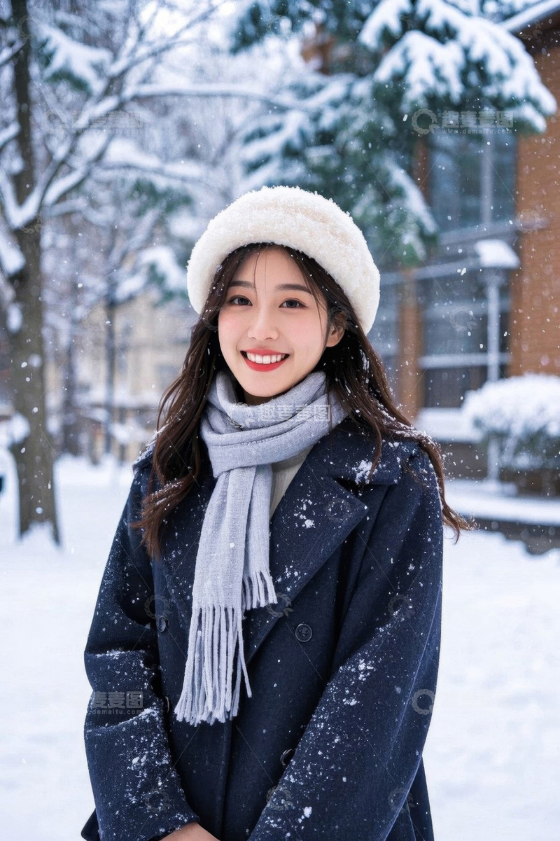 高清大图下载【趣麦麦图】冬日雪景中微笑的年轻女子