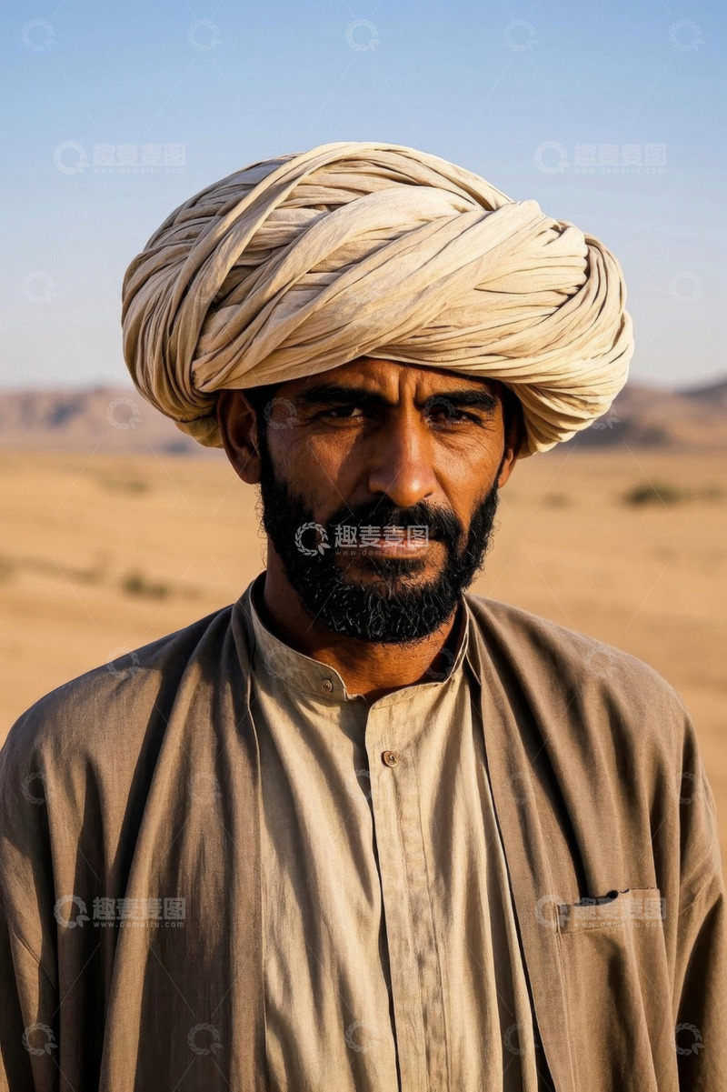 高清大图下载【趣麦麦图】沙漠中戴着头巾的男子肖像