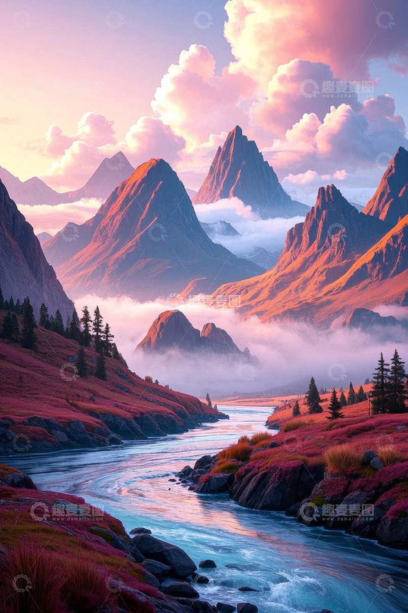 高清大图下载【趣麦麦图】山间河流与壮丽山脉景观