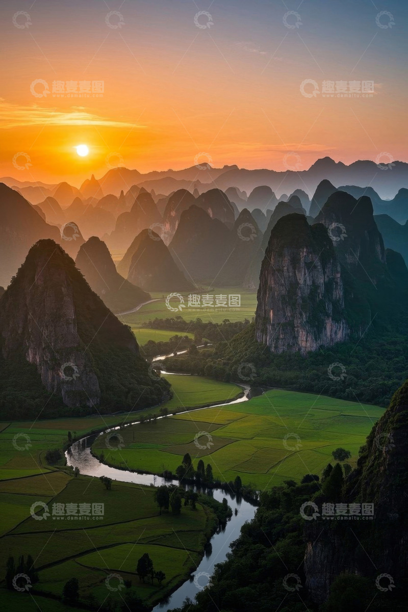 高清大图下载【趣麦麦图】山间田野日落风光