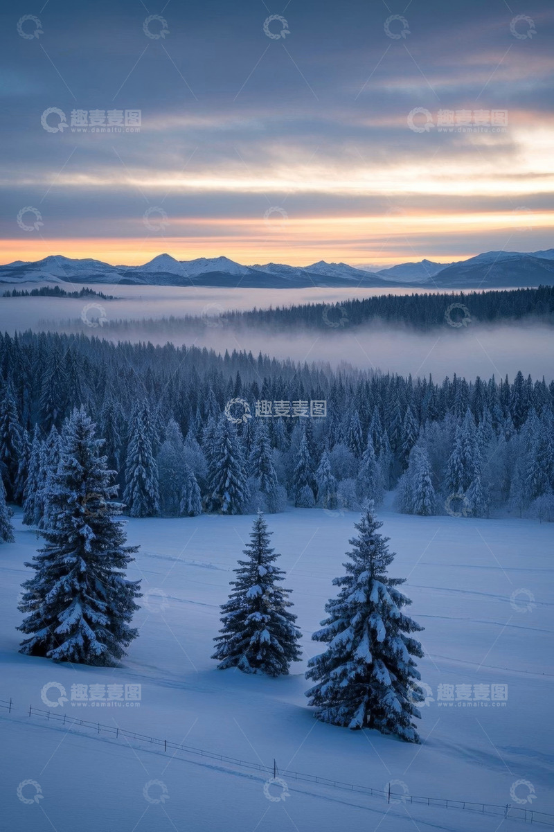高清大图下载【趣麦麦图】冬日雪覆森林与远山景象