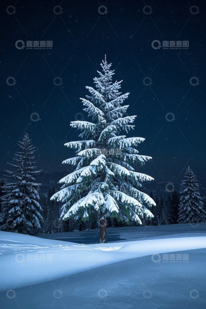 高清大图下载【趣麦麦图】雪夜中的挺拔雪松