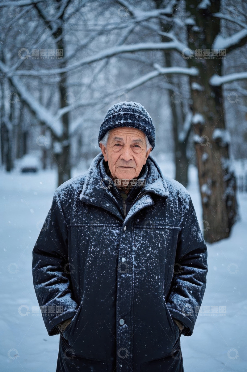 高清大图下载【趣麦麦图】冬日雪景中一位老人肖像