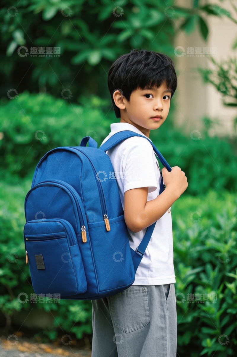 高清大图下载【趣麦麦图】男孩背着蓝色书包站在绿植前