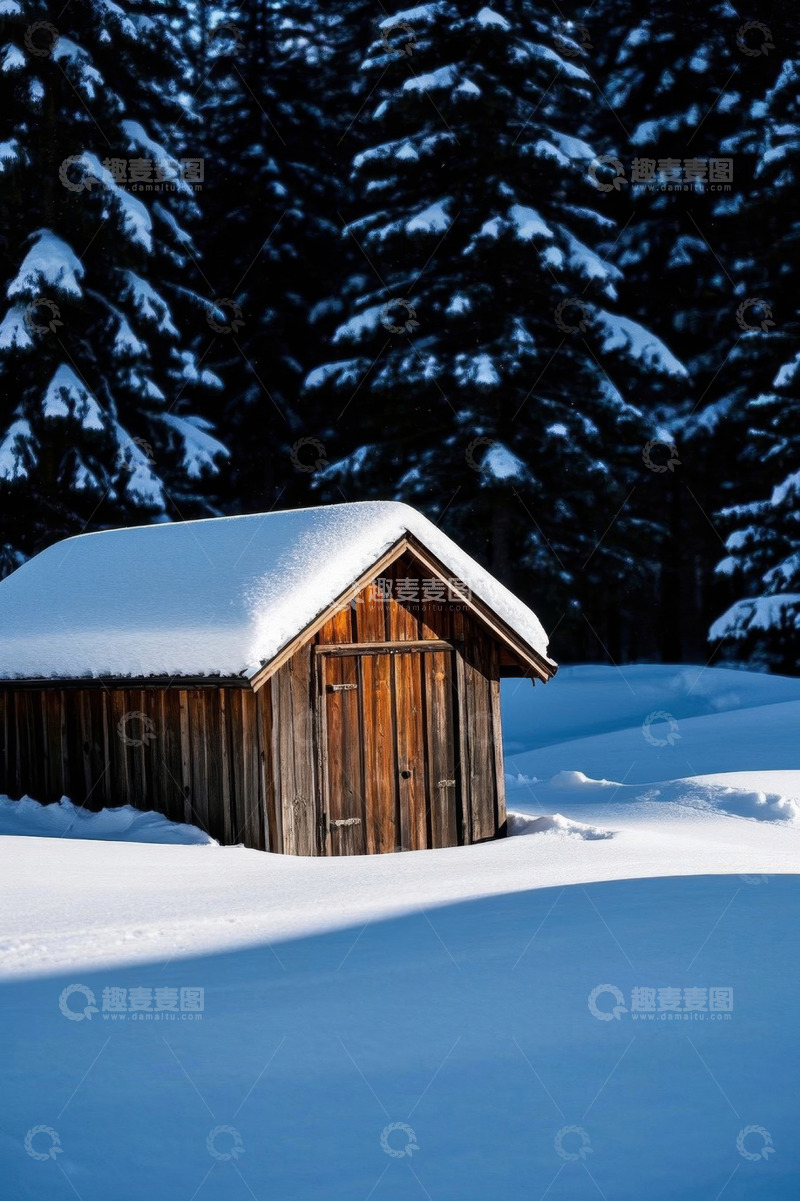 高清大图下载【趣麦麦图】雪覆盖的木屋与森林景观