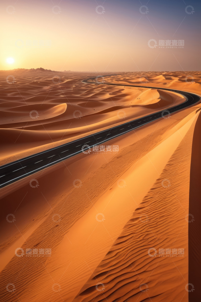 高清大图下载【趣麦麦图】沙漠中蜿蜒公路日落景观