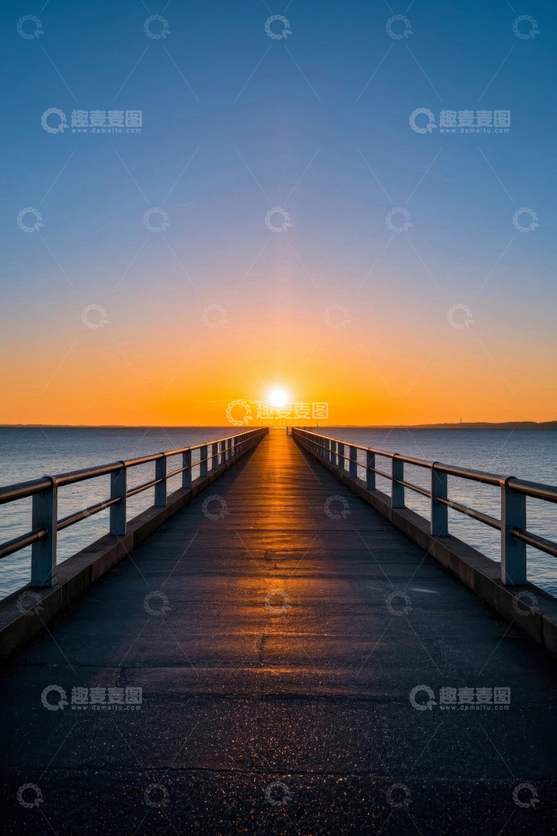 高清大图下载【趣麦麦图】海上栈桥日落景象