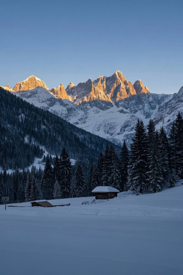 雪山下的森林与小屋风景