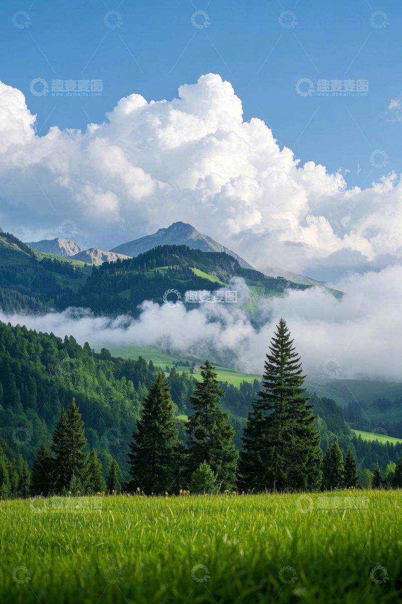高清大图下载【趣麦麦图】山间绿野与白云景观