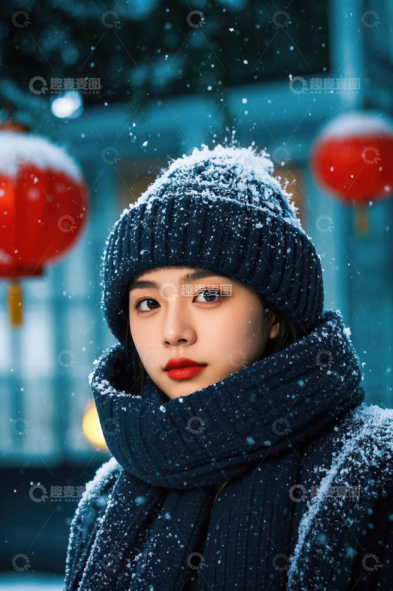 高清大图下载【趣麦麦图】冬日雪景中戴帽围巾的女孩