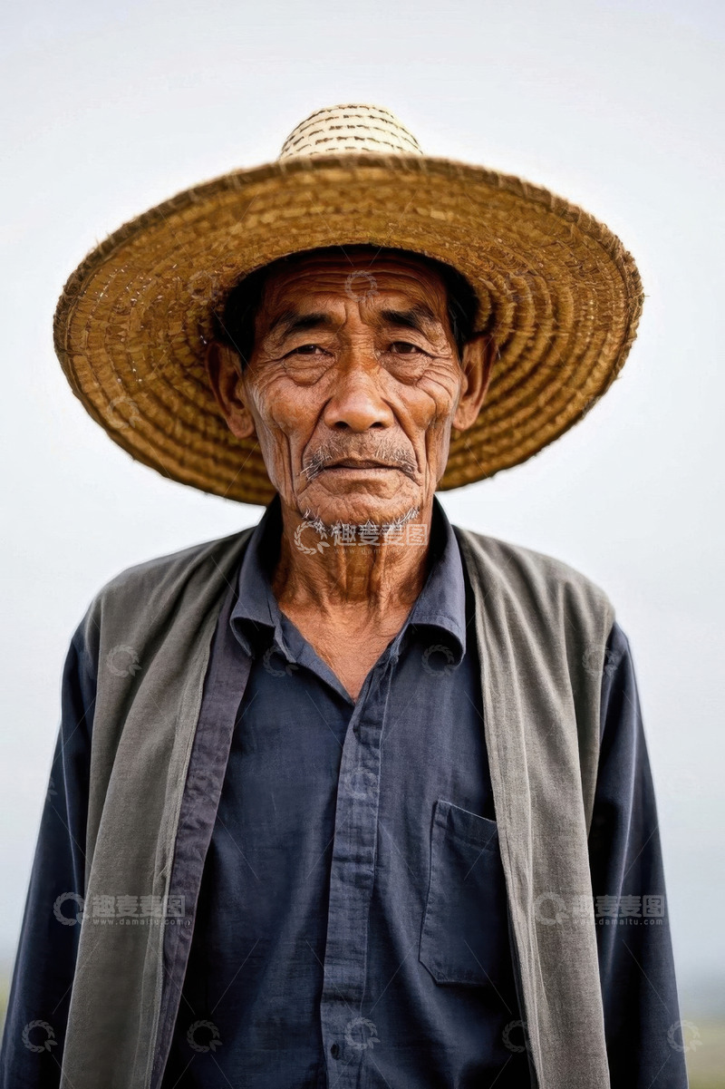 高清大图下载【趣麦麦图】一位戴着斗笠的年迈农民肖像